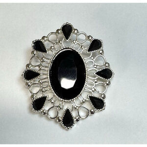 Vintage Black Faceted Brooch‎ Gothic Victorian Style Silver Tone Filigree Pin 2"